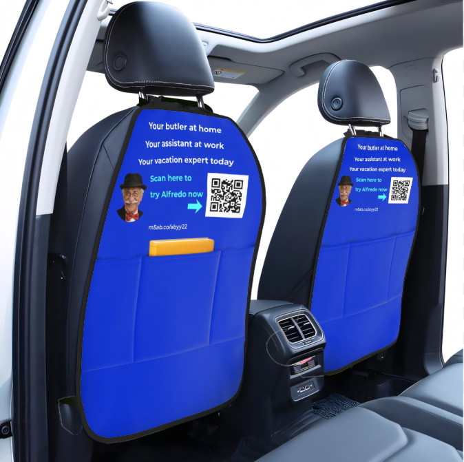 A pair of blue Ride With Alfredo seat covers on rideshare-style headrests, each printed with a QR code, the tagline &ldquo;Scan here to try Alfredo now,&rdquo; and the URL m5ab.co followed by the operator&rsquo;s unique slug.